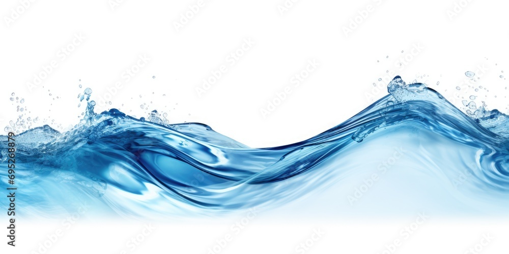 A wave of water captured on a white background. Perfect for use in designs related to water, nature, or abstract concepts A wave of water captured on a white background. Perfect for use in designs related to water, nature, or abstract concepts