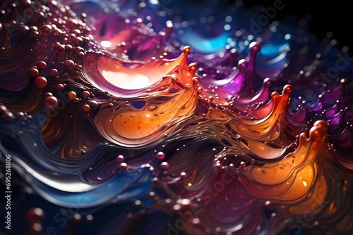 A close-up view of swirling liquid colors, forming intricate patterns reminiscent of galaxies in deep space