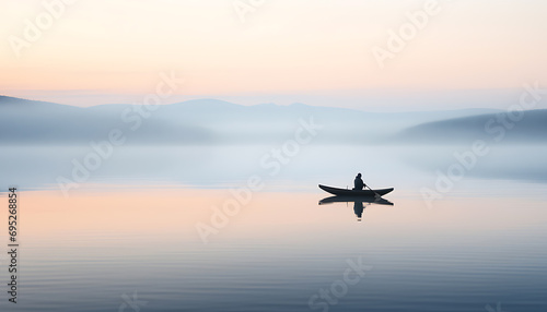 Fototapeta Naklejka Na Ścianę i Meble -  man_canoeing_on_a_misty_lake_at_dawn
