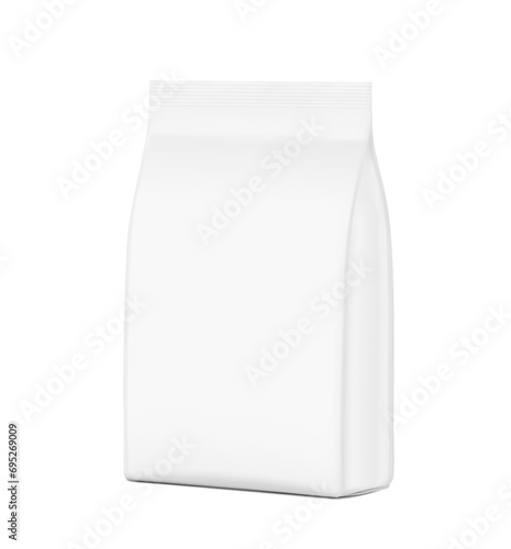 Vertical bag mockup. Flat bottom gusset bag. Half side view. Packaging for food, dry products. High realistic. Vector illustration isolated on white background. Ready for use in your design. EPS10.