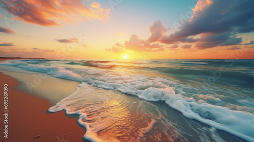 Closeup sea sand beach. Panoramic beach landscape. Inspire tropical beach seascape horizon. Orange and golden sunset sky calmness tranquil relaxing sunlight summer mood. Vacation travel