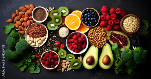 Health food for fitness concept with fruit, vegetables, pulses, herbs, spices, nuts, grains and pulses. High in anthocyanins, antioxidants, smart carbohydrates, omega 3, minerals and vitamins. photo