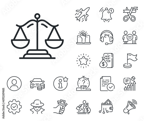 Judgement scale sign. Salaryman, gender equality and alert bell outline icons. Justice scales line icon. Legal law symbol. Justice scales line sign. Spy or profile placeholder icon. Vector