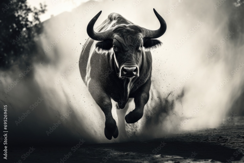 A black and white photo capturing the powerful motion of a running bull. Ideal for depicting strength, energy, and freedom. Suitable for various projects and designs