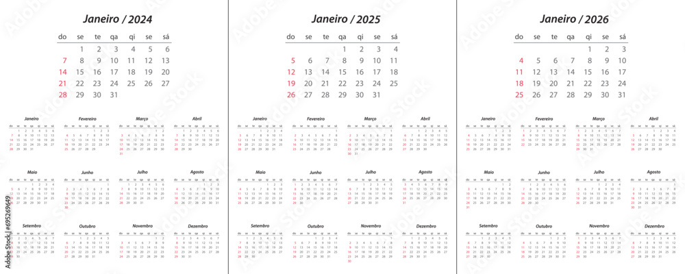Calendar 2024, calendar 2025, calendar 2026 on portuguese language week start Sunday - obrazy, fototapety, plakaty 