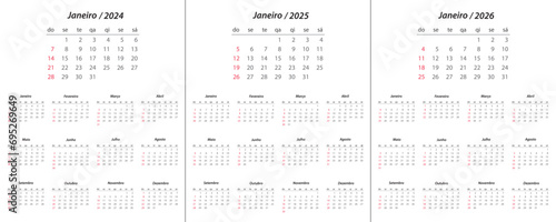 Calendar 2024, calendar 2025, calendar 2026 on portuguese language week start Sunday photo