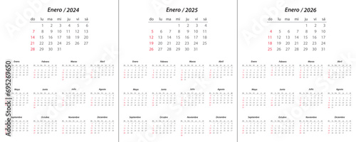 Calendar 2024, calendar 2025, calendar 2026 on spanish language week start Sunday