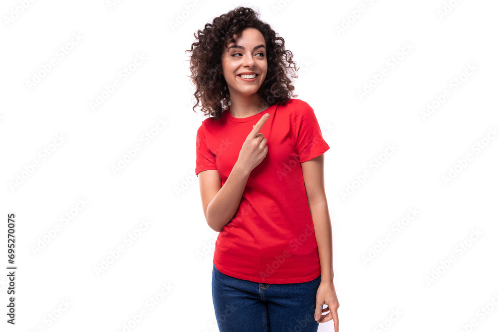 young beautiful leader woman with black curly hair dressed in a red t-shirt with mockup young beautiful leader woman with black curly hair dressed in a red t-shirt with mockup