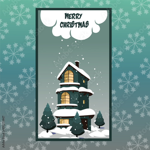 Vector illustration of a Christmas trees and a cartoony house at snowy winter night