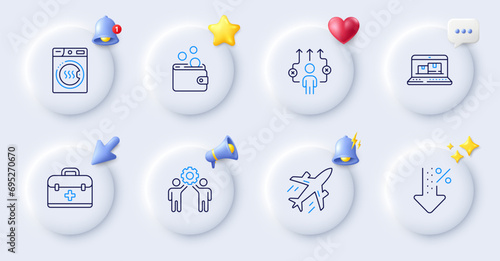 Business way, Plane and Employees teamwork line icons. Buttons with 3d bell, chat speech, cursor. Pack of Wallet money, Web inventory, Low percent icon. First aid, Dryer machine pictogram. Vector