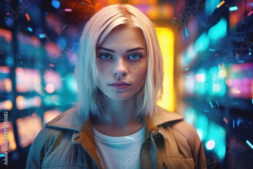 Future blond woman in neon colorful room. Female futuristic portrait in bright light spaceship. Generate ai