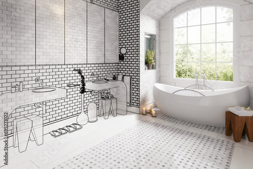 Entwurf eines Modernen Badezimmers mit weißer Keramik - 3D Visualisierung photo