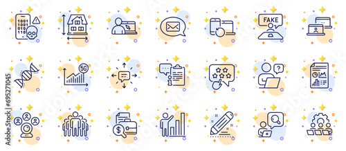 Outline set of Messenger, Fake review and Chemistry dna line icons for web app. Include Brand contract, Inspect, Clipboard pictogram icons. Outsource work, House dimension. Vector