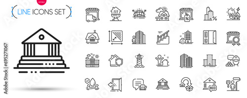 Pack of Realtor, Agent and University campus line icons. Include Delivery truck, Flood insurance, Building energy pictogram icons. Balcony, Skyscraper buildings, Lighthouse signs. Vector