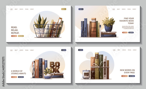 Set of web pages with books, potted plants, basket, wooden word "book". Bookstore, bookshop, book lover, reading, interior concept. Vector illustration for website, banner, promo.