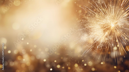 Abstract gold glitter background with fireworks. christmas eve, new year and 4th of july holiday concept.