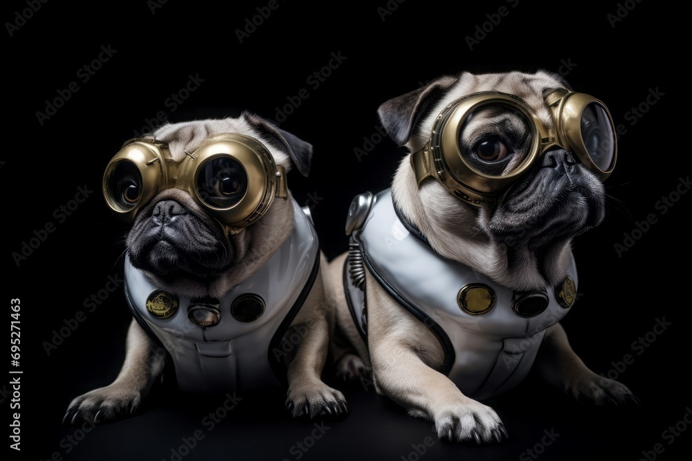 Futuristic pug dogs pet wearing inventive goggles. Pioneering puppy dogs with imaginative eyewear. Generate ai Futuristic pug dogs pet wearing inventive goggles. Pioneering puppy dogs with imaginative eyewear. Generate ai