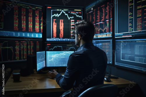 male financial analyst expert examining stock ticker displays