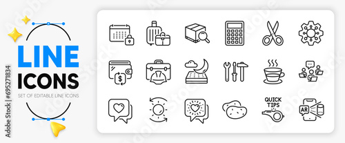 Spanner tool, Night mattress and Teamwork line icons set for app include Wallet, Augmented reality, Construction toolbox outline thin icon. Potato, Baggage, Friends chat pictogram icon. Vector