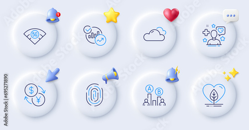 Statistics, Patient and Currency exchange line icons. Buttons with 3d bell, chat speech, cursor. Pack of 5g wifi, Local grown, Fingerprint icon. Cloudy weather, Ab testing pictogram. Vector