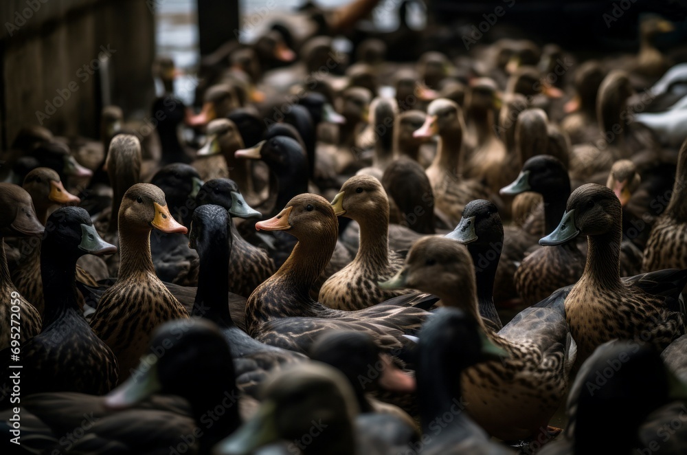 Geese crowd dark. Black and brown domestic animals with orange beak. Generate AI Geese crowd dark. Black and brown domestic animals with orange beak. Generate AI