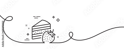 Cake line icon. Continuous one line with curl. Sweet strawberry sign. Confectionery or pastry symbol. Cake single outline ribbon. Loop curve pattern. Vector