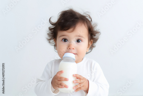 Cute little boy drinking milk with bottle on white background