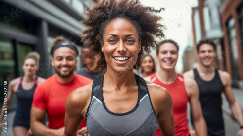 Joyful Mixed Fitness Group Enjoying Urban Run