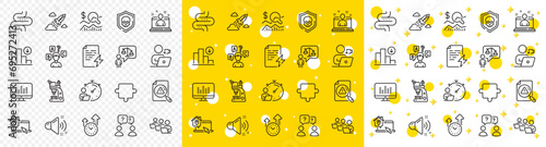Outline Video conference, Teamwork and Decreasing graph line icons pack for web with Timer, Work home, Music making line icon. Power certificate, Loud sound, Check investment pictogram icon. Vector