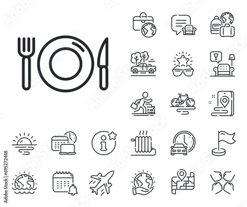 Restaurant sign. Plane jet, travel map and baggage claim outline icons. Food line icon. Fork, knife and plate symbol. Food line sign. Car rental, taxi transport icon. Place location. Vector
