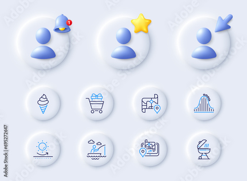 Boat fishing, Gps and Sun protection line icons. Placeholder with 3d cursor, bell, star. Pack of Grill, Map, Shopping trolley icon. Roller coaster, Ice cream pictogram. For web app, printing. Vector