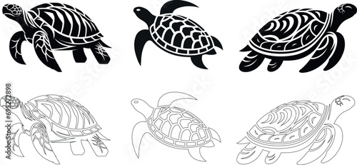 turtle illustrations, perfect for logo, tattoo, decal designs.Sea creature art, patterned shell turtles, Unique, intricate patterns on shells and bodies, showcasing animal artistry. 