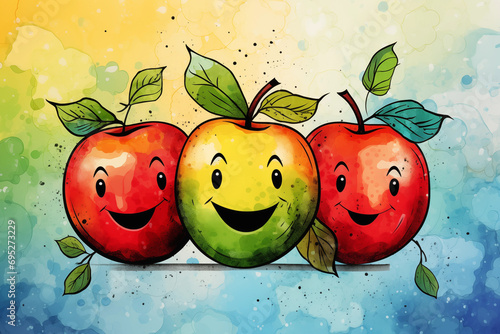 Illustration of Playful Multicolored Apples in Cartoon Style, Rendered in Vibrant Watercolors - A Whimsical and Lively Artistic Rendition