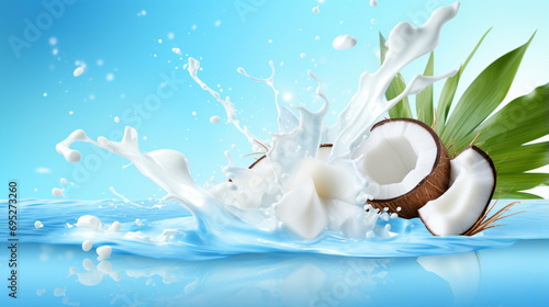 Coconut milk splash and palm leaves bokeh background. Cracked coconut splash. generative ai photo