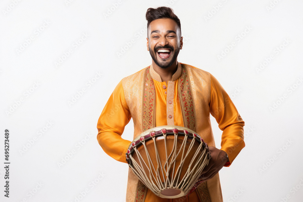Obraz premium indian man with drum or dhol on white background