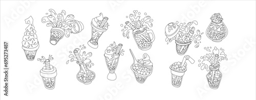 Bubble tea cocktails line vector illustrations big set. Tasty summer beverages pack of linear objects for cafe menu on white background