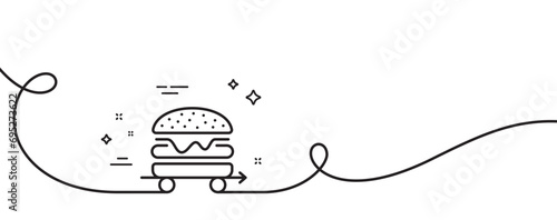 Food delivery line icon. Continuous one line with curl. Cheeseburger meal sign. Catering service symbol. Food delivery single outline ribbon. Loop curve pattern. Vector