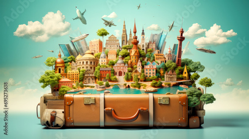 Travel theme. Suitcase for travel. World travel destinations. Pack bags. Compass. Travel photography. 4K high resolution. wallpaper background image.