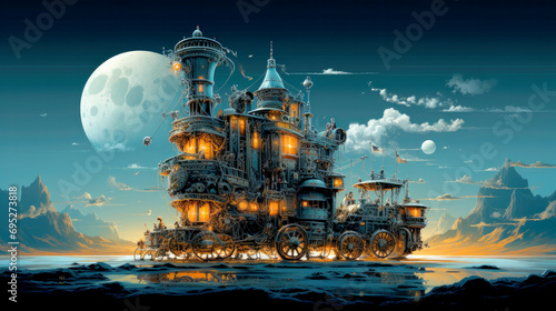 Night industry. Train mechanics. Ancient train. Wallpaper theme. World travel. Cloud and sky. Travel accommodation. Hotels. water and night.