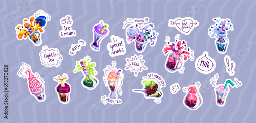 Bubble tea with speech balloons color icon vector illustrations big set. Pack of flat objects for cafe cocktail menu design on purple background