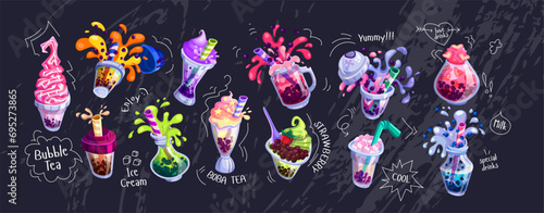 Bubble tea assortment color icon vector illustrations big set. Pack of flat objects for cafe menu on chalkboard. Elements for design