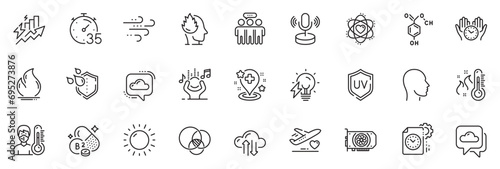 Icons pack as Noise, Cloud communication and Medical flight line icons for app include Safe time, Stress, Sunny weather outline thin icon web set. Chemical formula, Electricity bulb. Vector