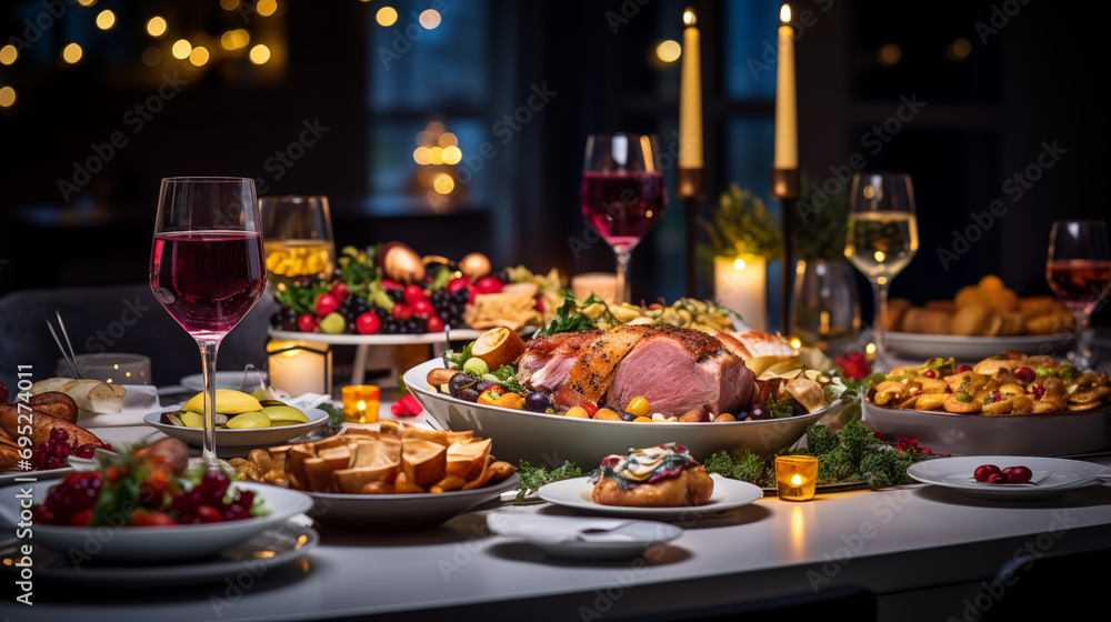 Festive table setting for Christmas or New Year dinner with variety of food and drinks.