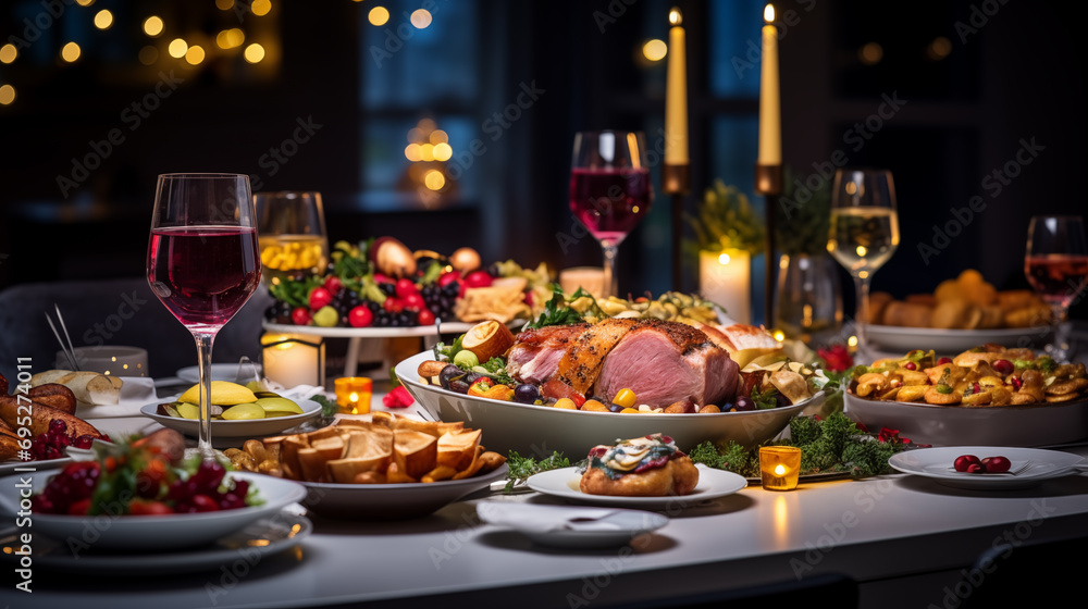 Festive table setting for Christmas or New Year dinner with variety of food and drinks. Festive table setting for Christmas or New Year dinner with variety of food and drinks.