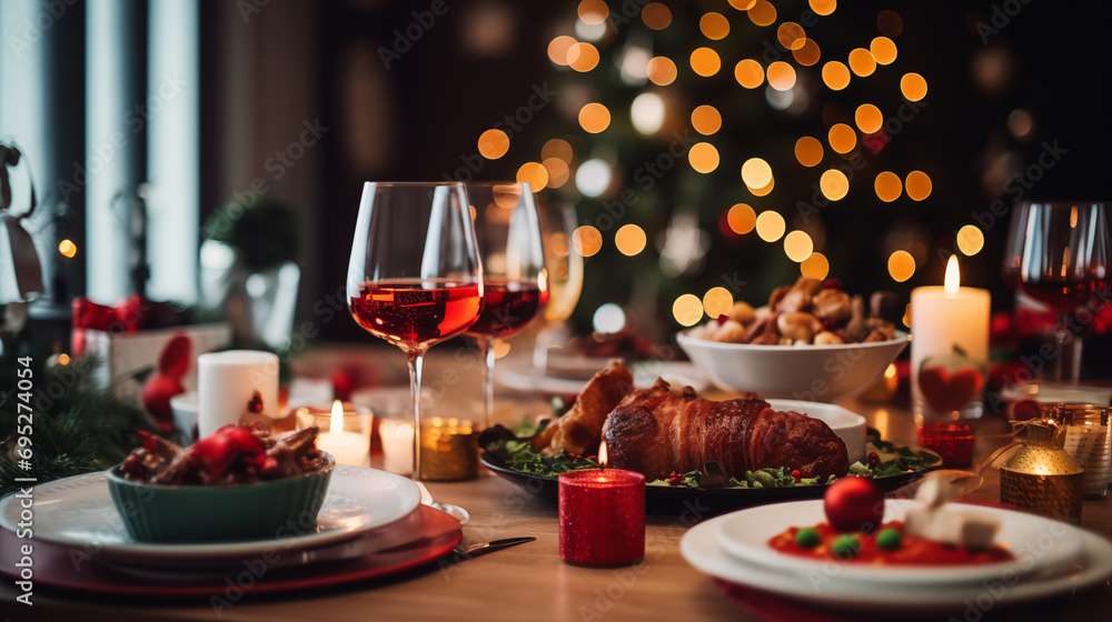 Festive table setting for Christmas or New Year dinner on the wooden table