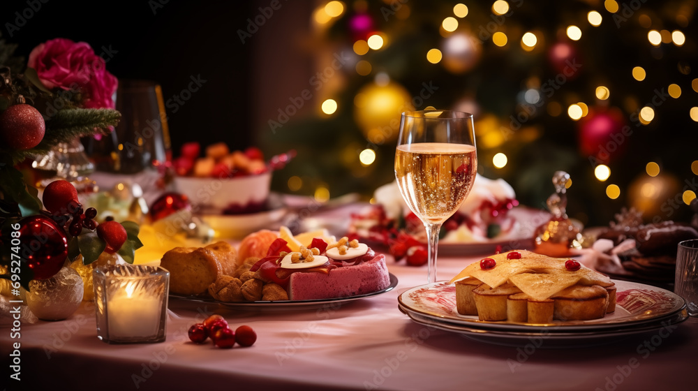 Christmas dinner with wine and cake in front of a decorated Christmas tree