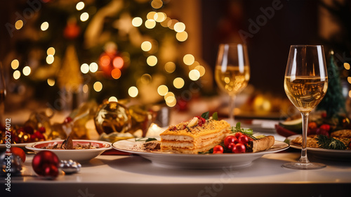 Tasty lasagne served on festive table in front of Christmas tree