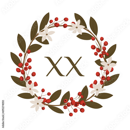 Gift shop filled colorful initial logo idea. Minimalistic wreath. Coffee cafe. Food and drink establishment. Letters inside floral wreath shape. Graphic design. Created using neural network