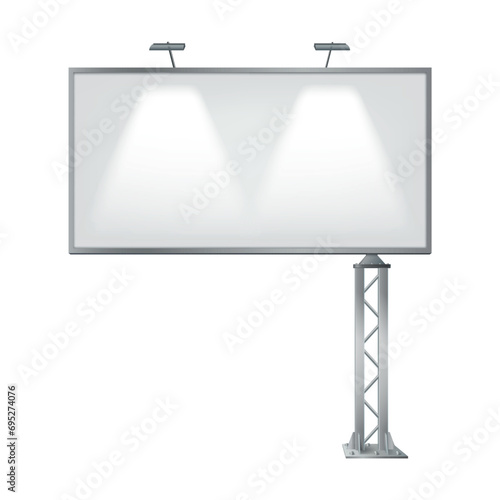 Roadside billboard with lit lamps on pole realistic vector illustration. Blank advertising panel 3d for business isolated on white background