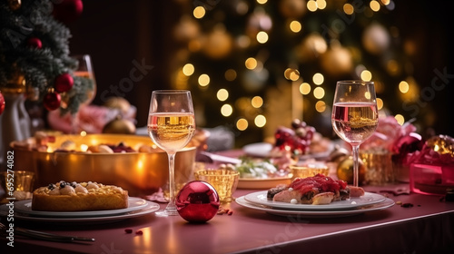 Christmas table with food and wine in a restaurant. Selective focus